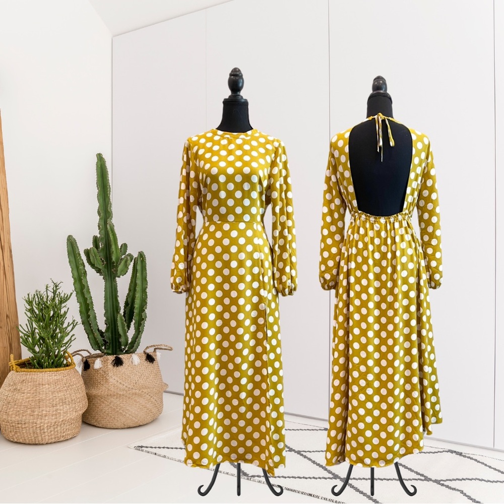 Topshop Long Sleeve Polka Dot Open Back Midi Dress